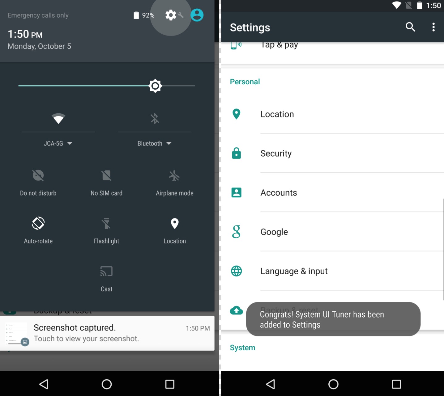 Android 6.0, Marshmallow меню настроек