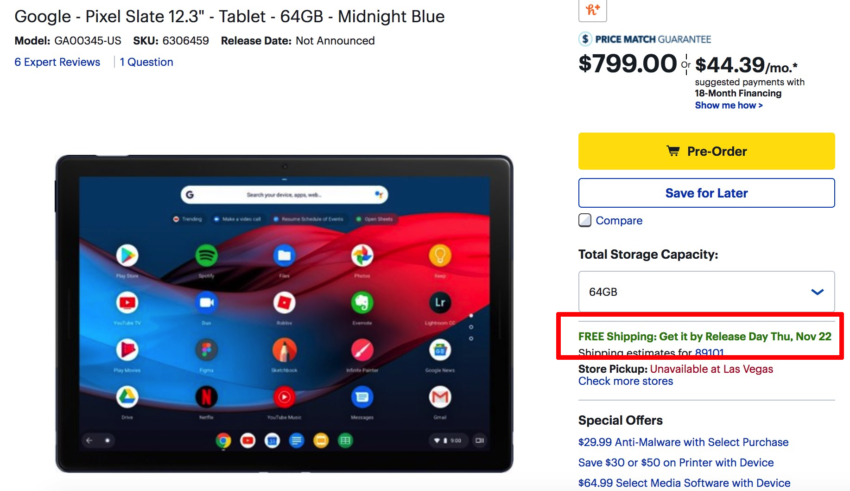 Best Buy: Google Pixel Slate 12.3 Tablet 64GB Midnight Blue GA00345-US